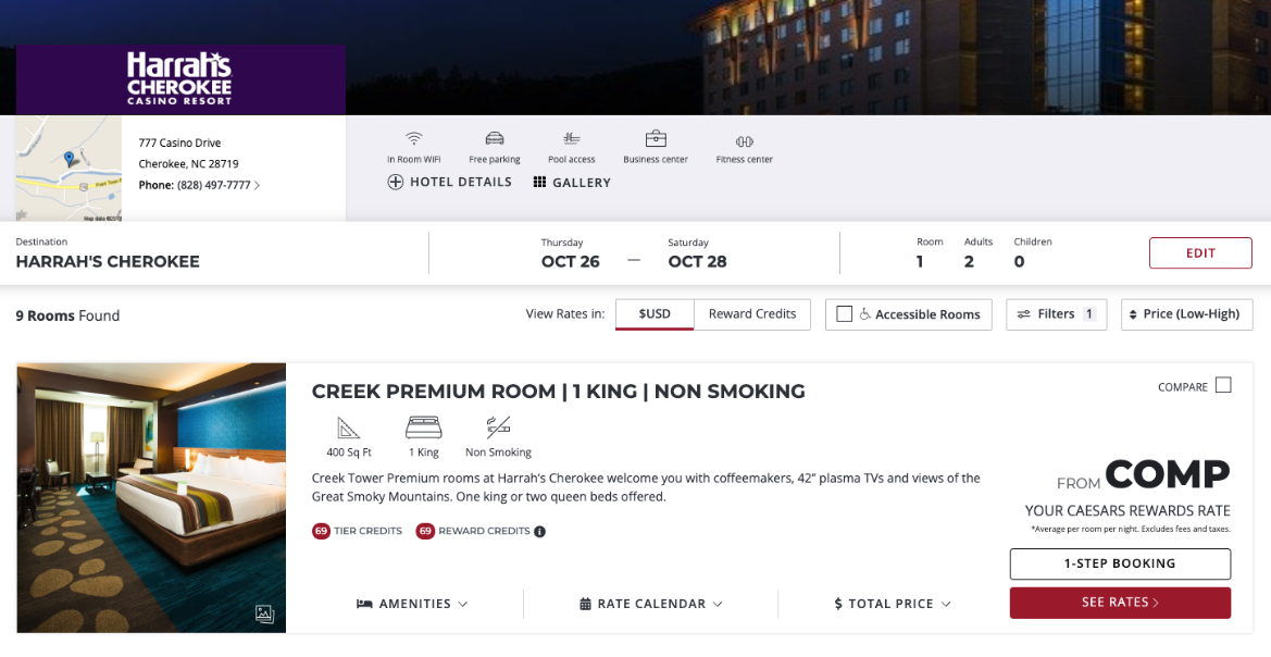 Harrah's Cherokee booking page shows comp nights